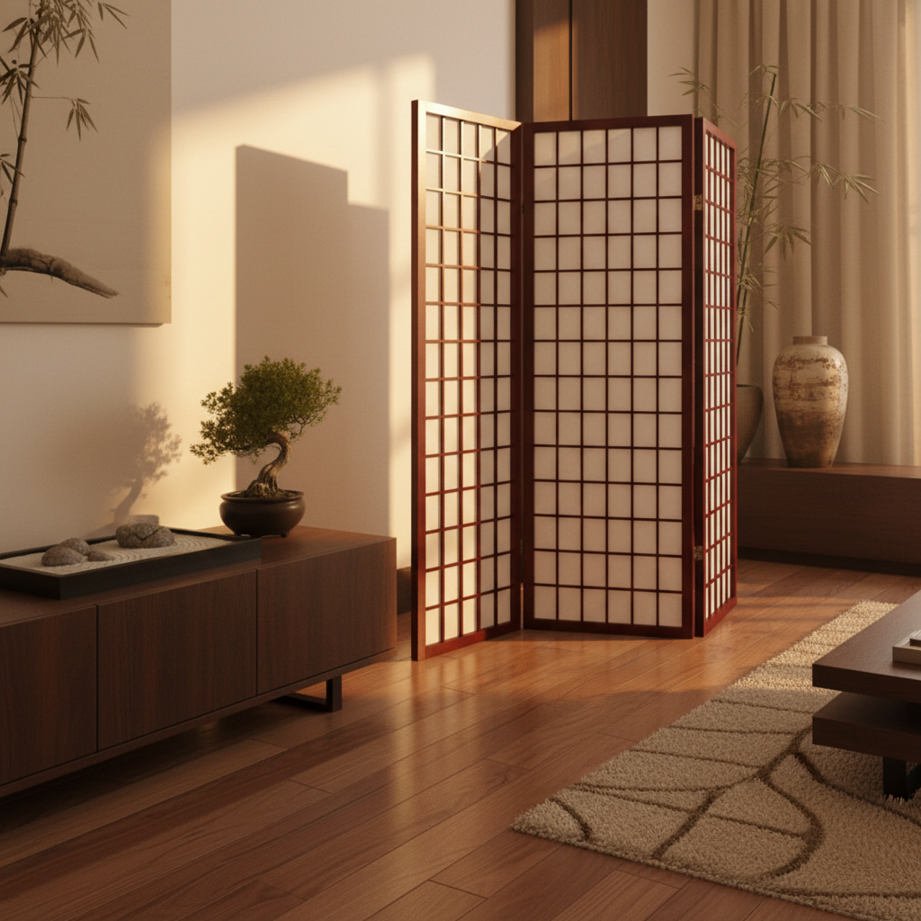 3 Panel Wood Framed Paper Screen Mahogany – Decorative Room Divider, Japanese Style Shoji