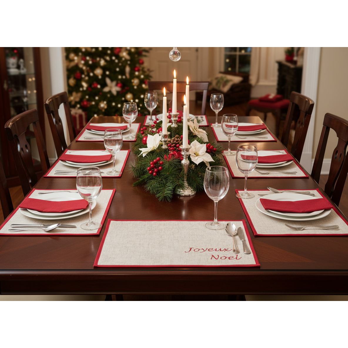 Joyeux Noel Embroidered Placemat 13x18 Inch – Holiday Table Decor, Durable Fabric – Set of 12