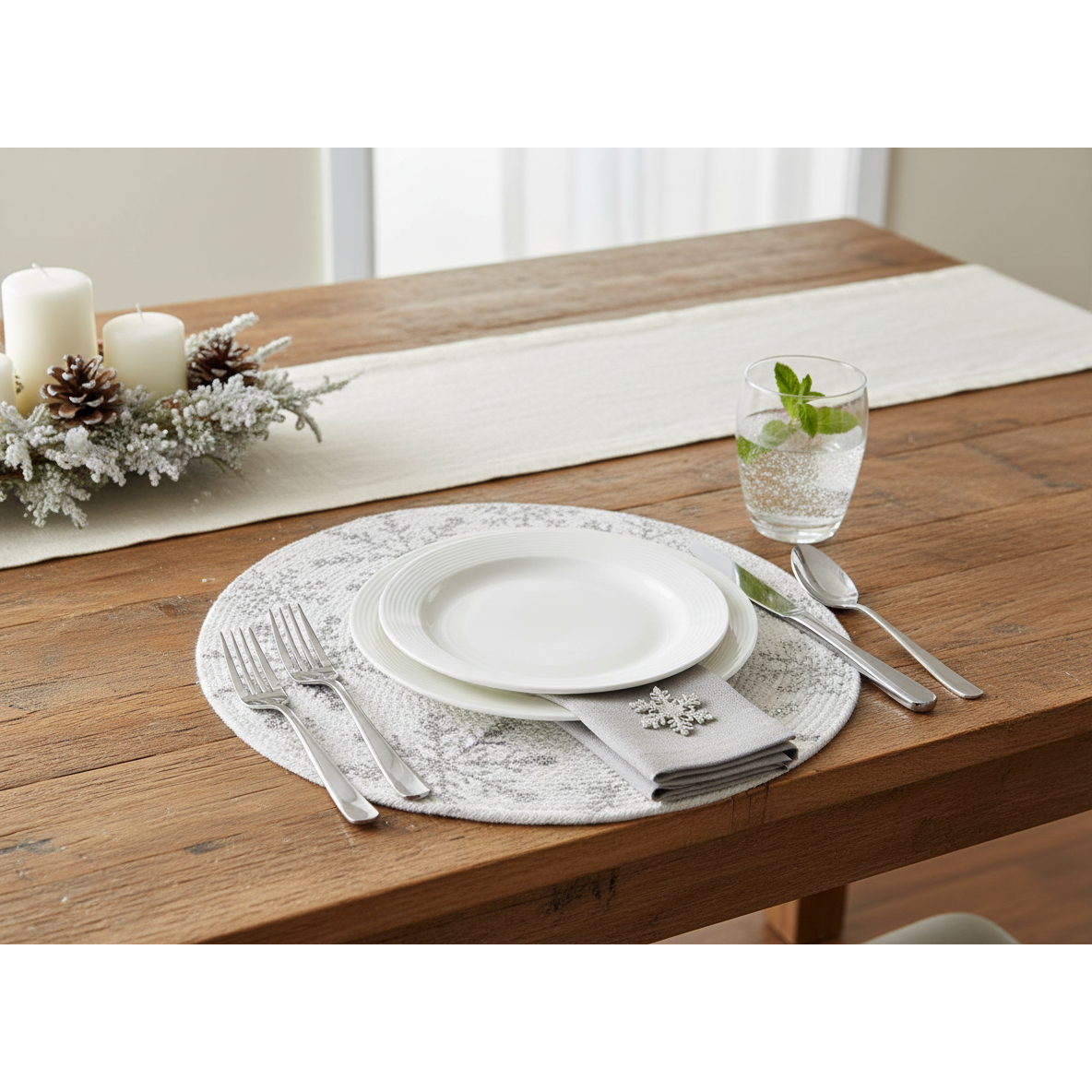 Foil Printed Snowflake Cotton Rope Placemat Silver - Set of 12 Holiday Table Mats