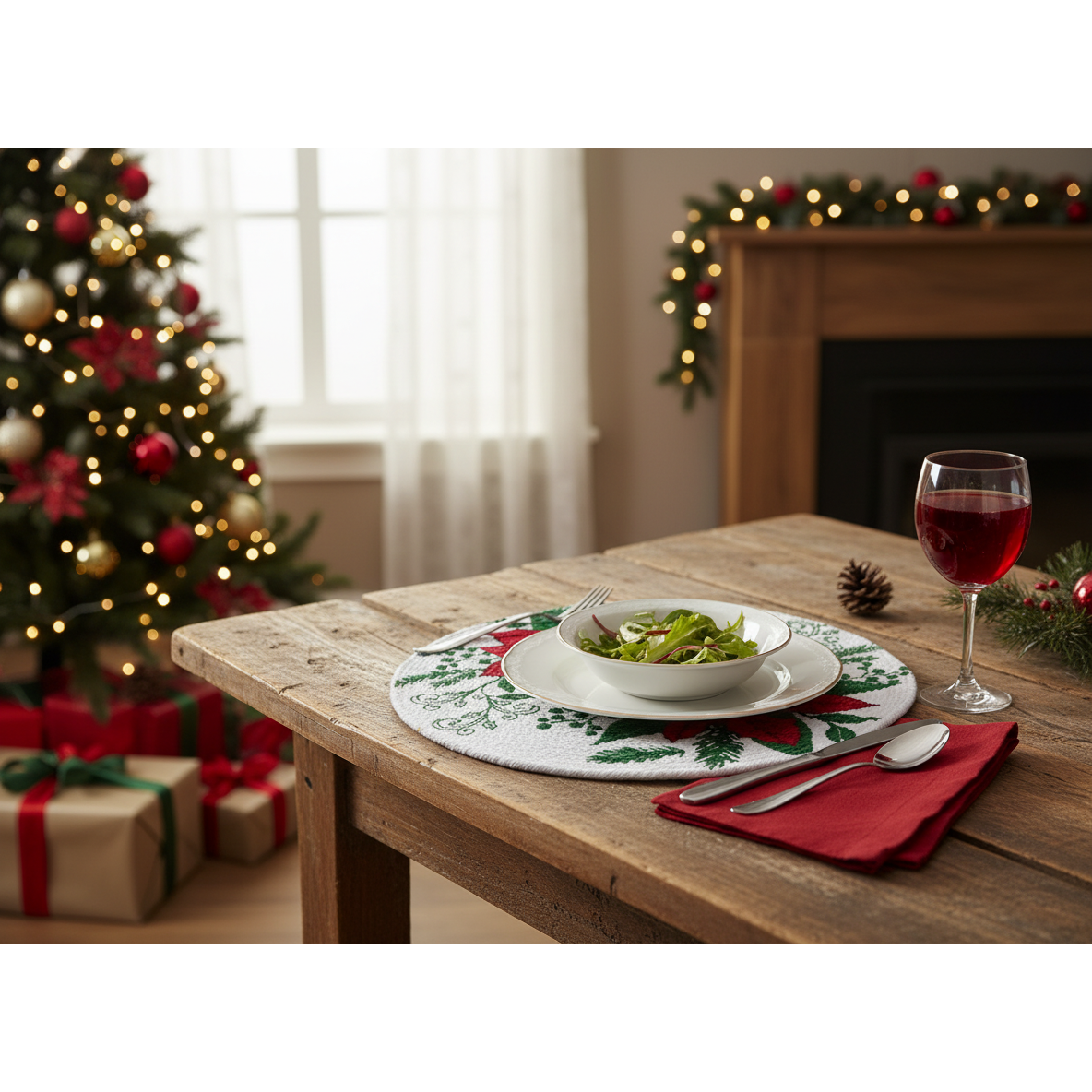 Printed Cotton Rope Placemat Double Poinsettia Christmas Holiday Table Mats - Set of 12