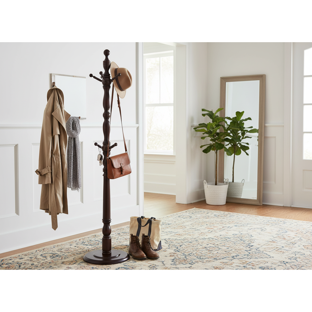 Wooden Coat Rack – Mahogany Finish, Free-Standing Hall Tree