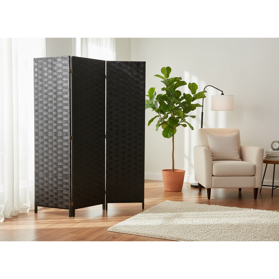 3-Panel Woven Bamboo Room Divider – Black, Privacy Screen