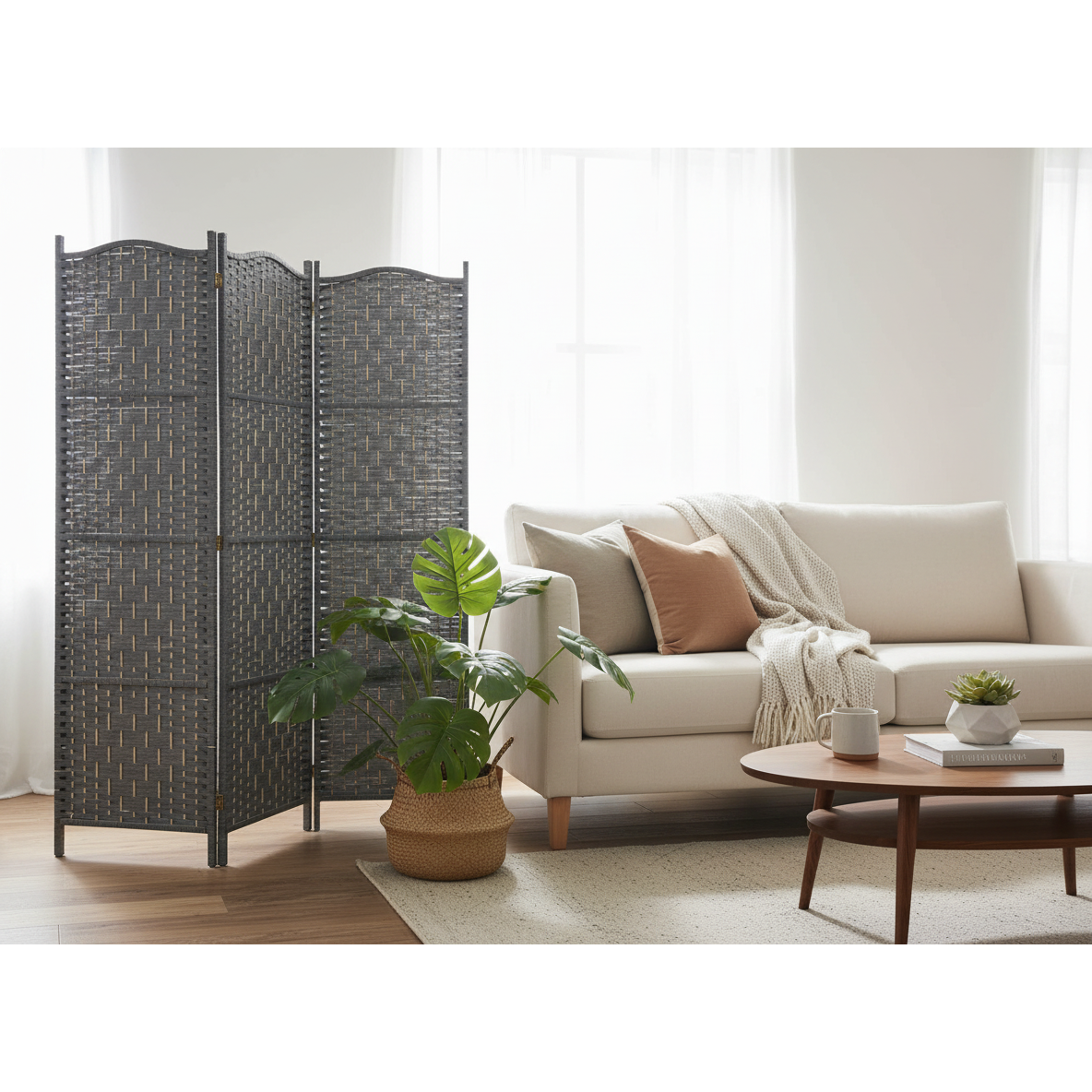 3-Panel Woven Bamboo Room Divider – Rowan, Decorative Privacy Screen