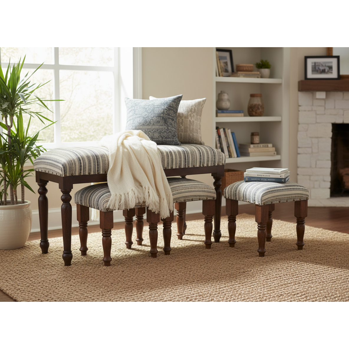 3-Piece Wooden Bench & Stools Set – Grayson, Rustic Home & Entryway Furniture