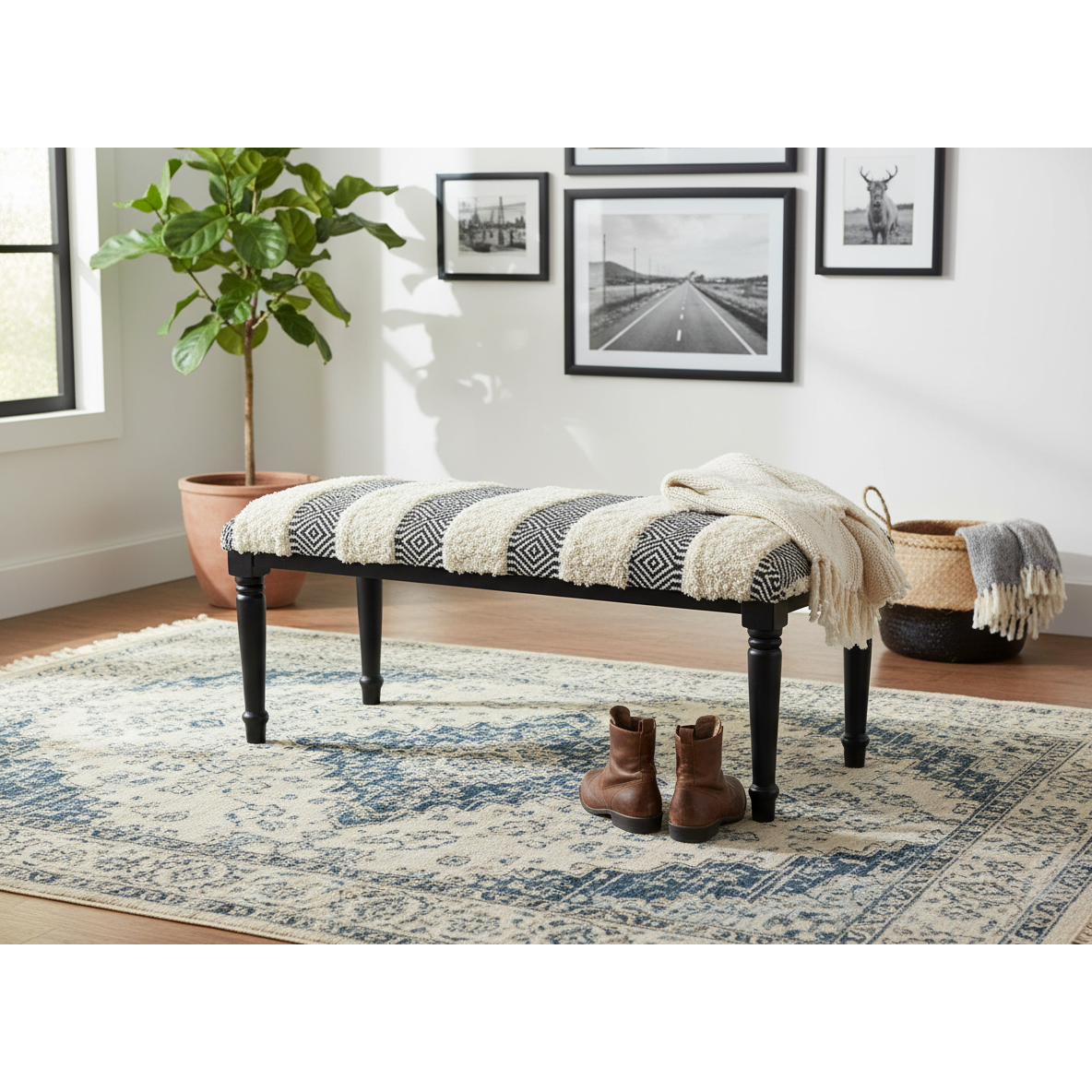 4-Piece Wooden Bench & Stools Set – Tousled Geo, Multi-Functional Seating
