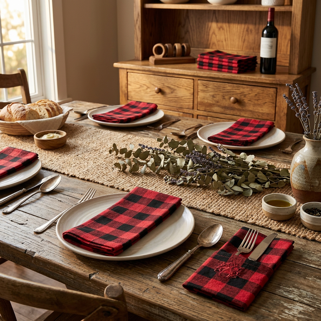 Buffalo Cotton Table Napkin Set – 4 Pcs x 2 Sets, Rustic Dining Decor