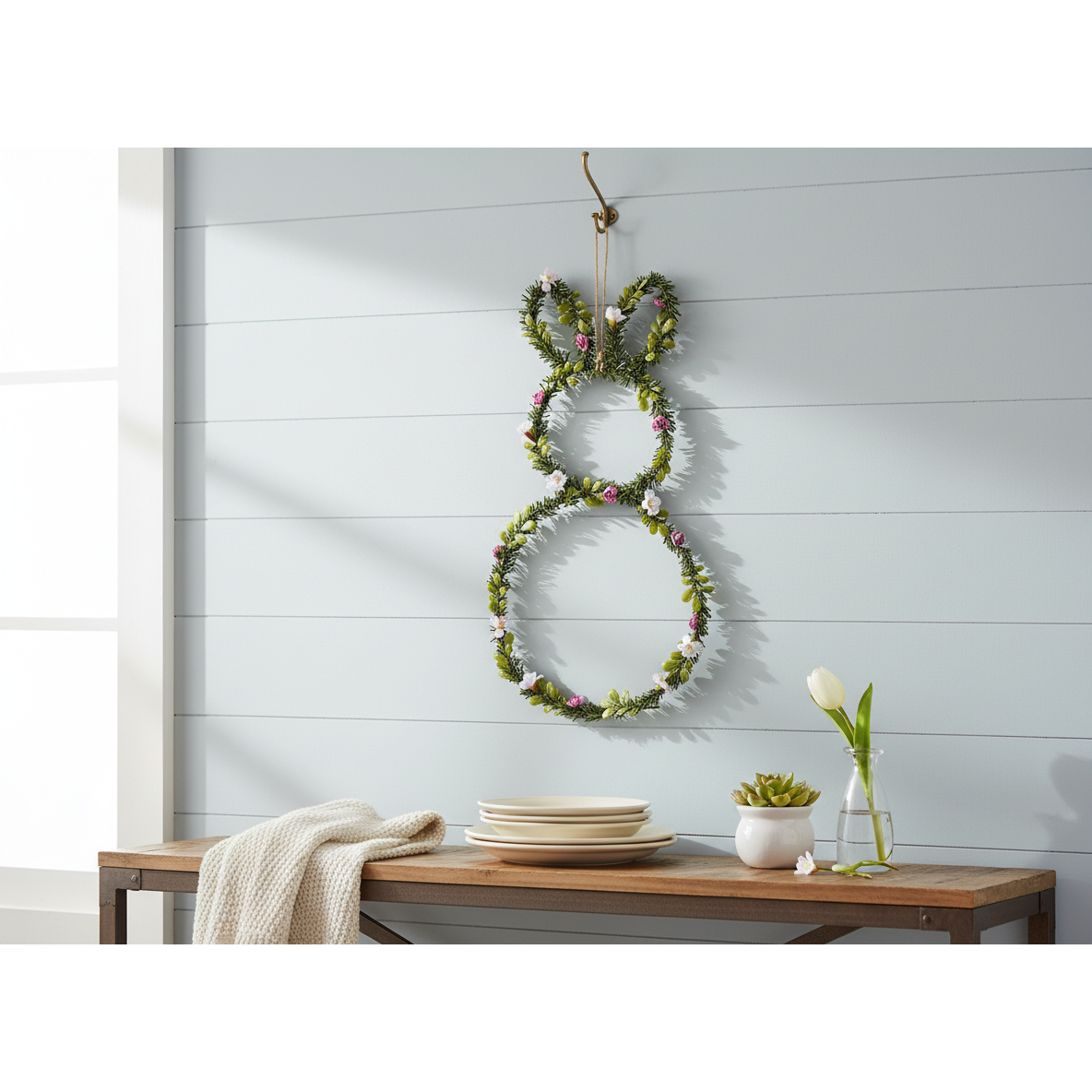 Bunny Leaves And Floral Wall Hanging, Spring Easter Decor, Farmhouse Wall Accent