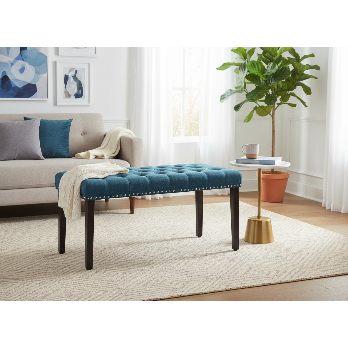 Cabara Tufted Accent Bench – Blue, Modern Fabric Entryway Bench