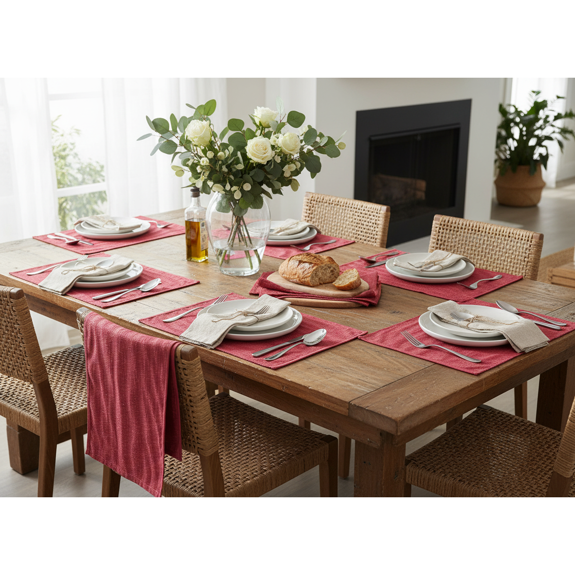 Chambray Ribbed Placemat Red Set of 12 Dining Table Placemat