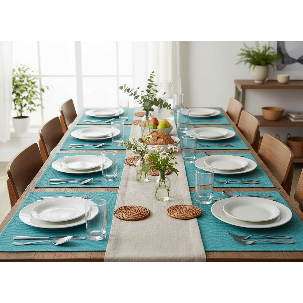 Chambray Ribbed Placemat Teal Set of 12 Dining Table Placemat