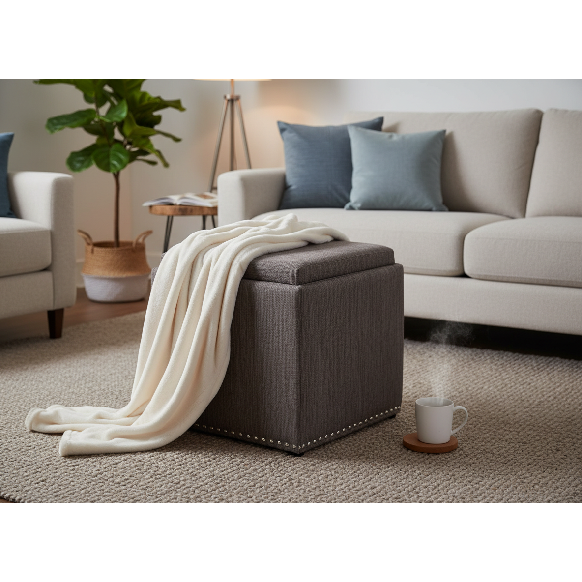 Chase Fabric Ottoman with Flip Tray Lid – Charcoal Gray, Storage & Coffee Table