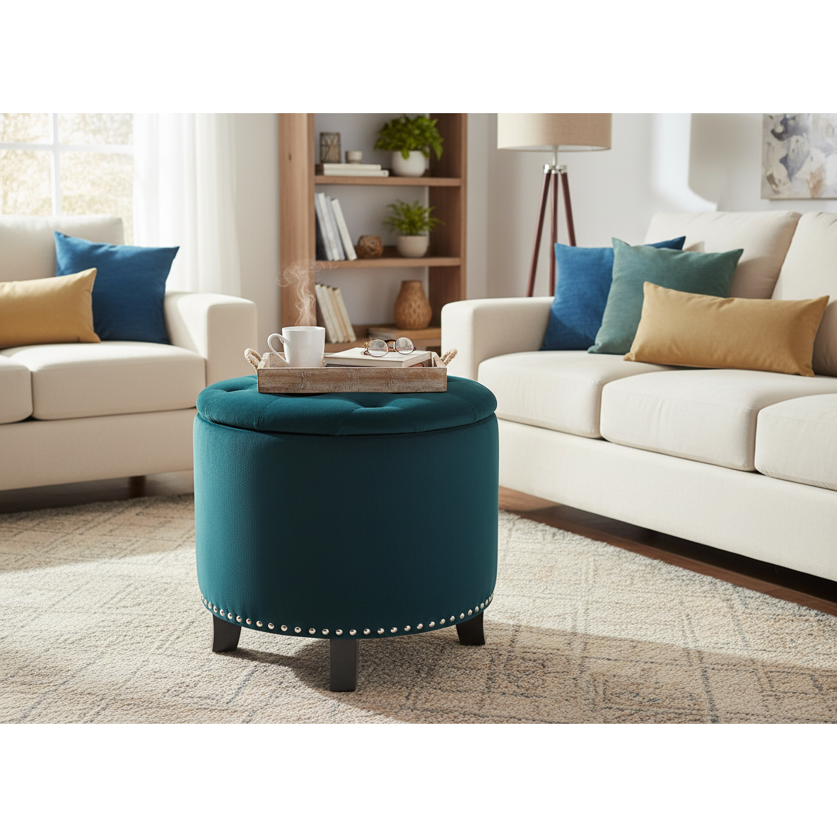 Denver Round Fabric Storage Ottoman – Green, Multi-Purpose Seating & Storage