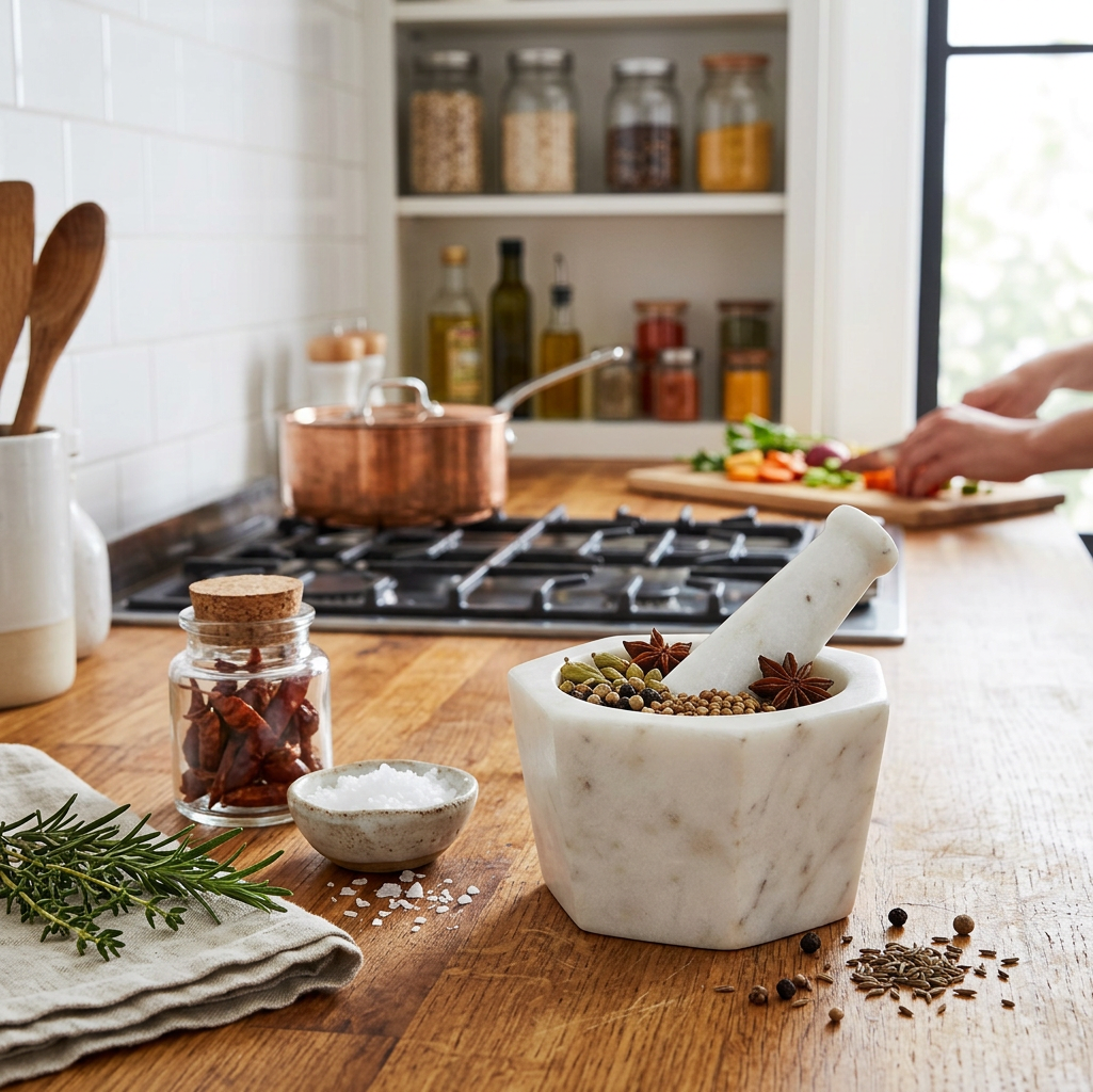 Marble Hexagon Mortar & Pestle White, White Marble Hexagon Mortar And Pestle, Spice Grinder, Kitchen Prep Tool