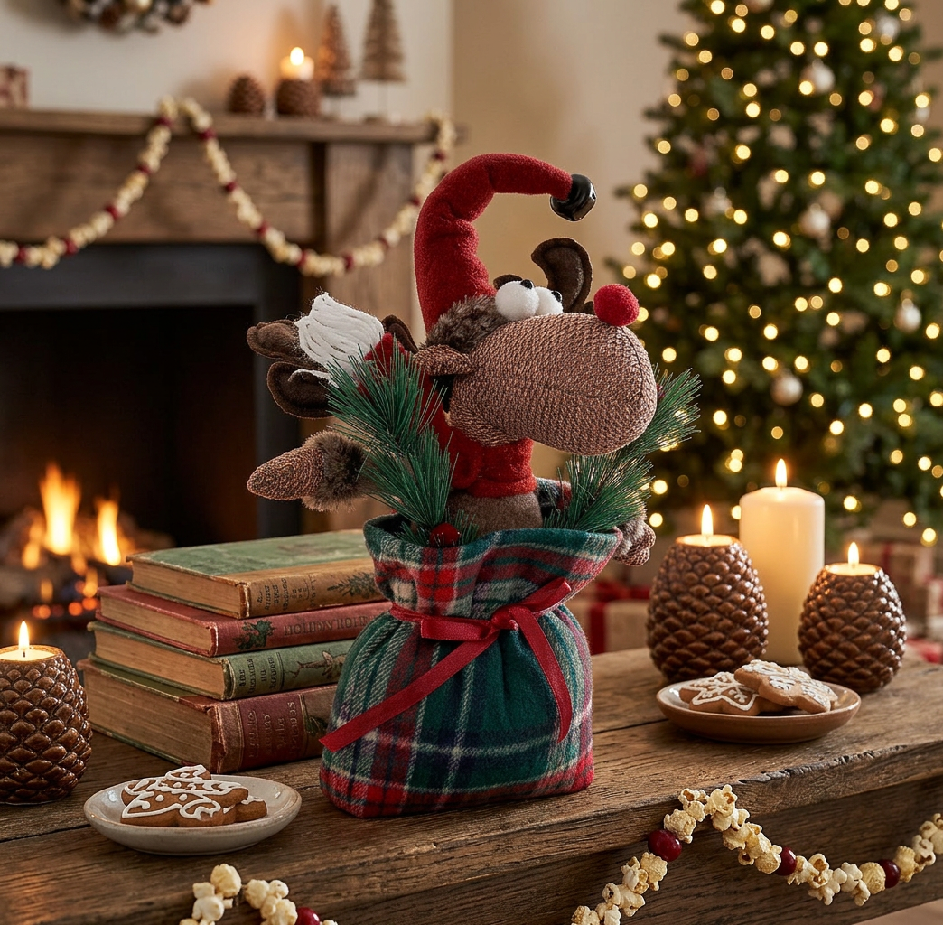 Moose Plush Sitting In Sack, Winter Animal Plush Decoration, Holiday Home Decor