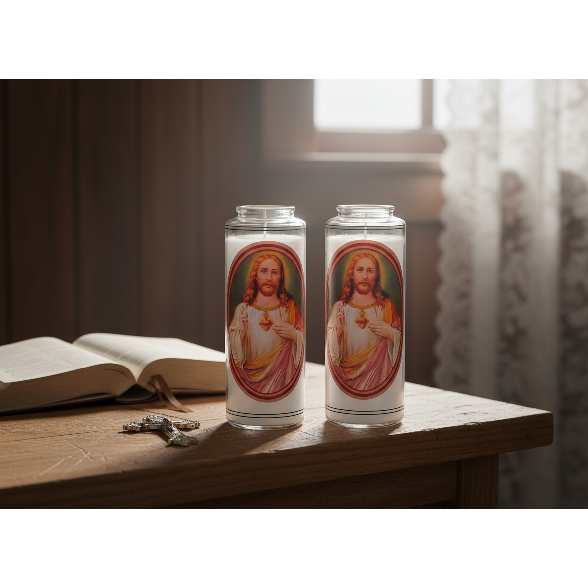 White Religious Candle with Jesus Emblem – Set of 2, Spiritual & Prayer Candle