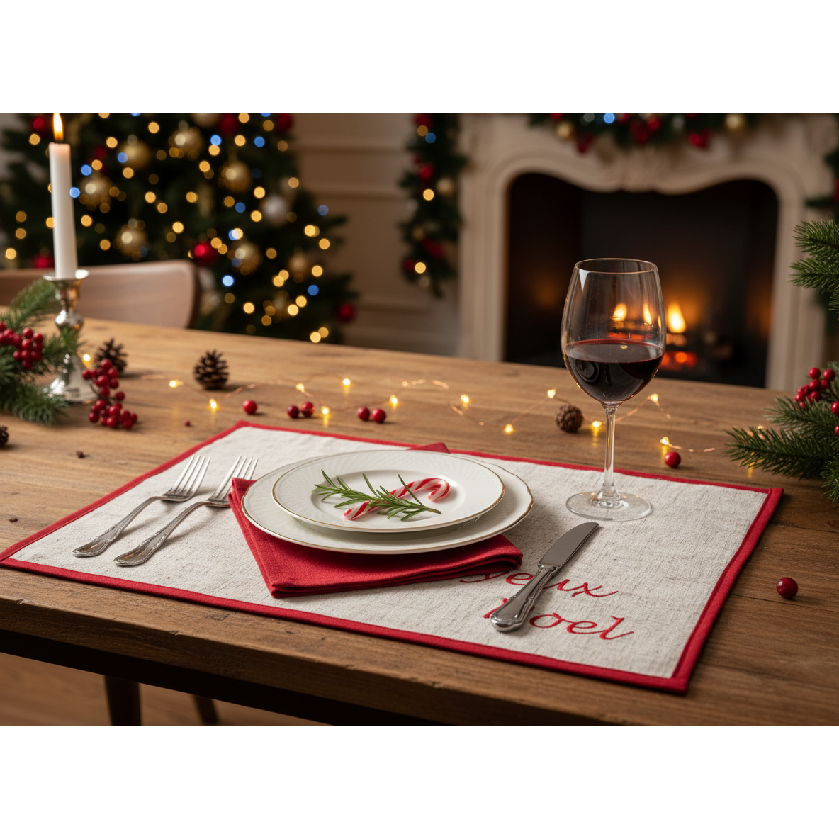 Joyeux Noel Embroidered Placemat 13x18 Inch – Holiday Table Decor, Durable Fabric – Set of 12