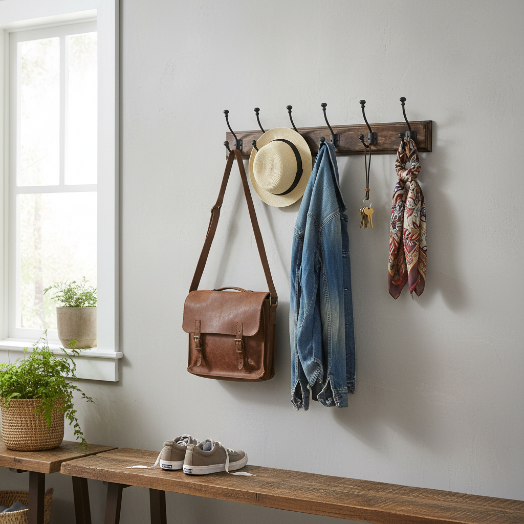 5 Gun Metal Iron Wall Hooks On Wooden Base Wall Storage Rack