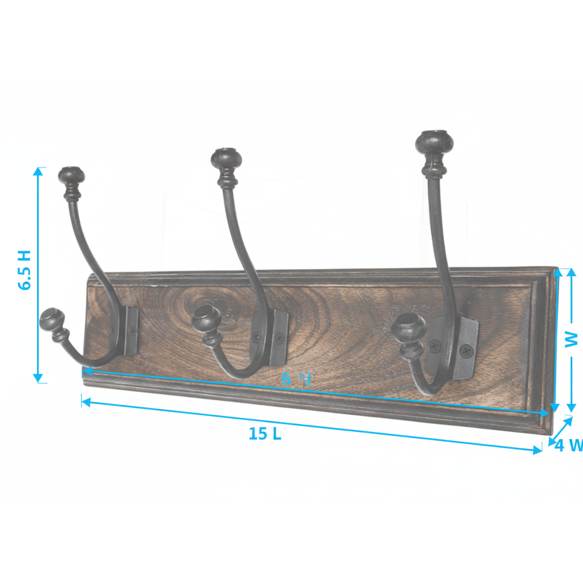 Triple Gun Metal Iron Wall Hooks On Wooden Base Coat and Hat Rack