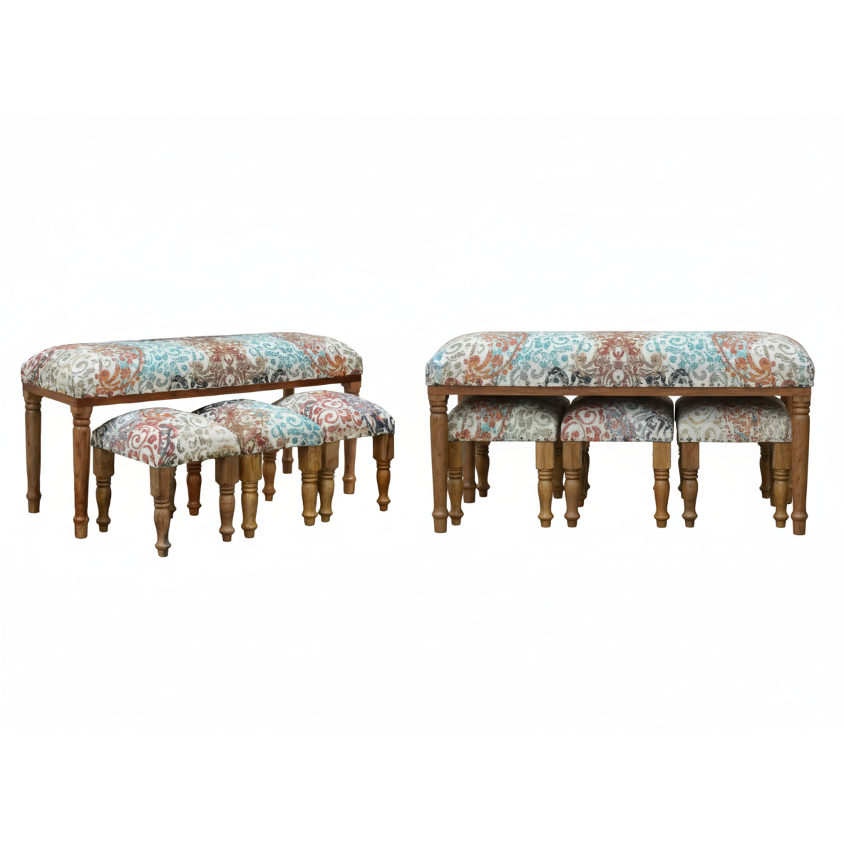 4-Piece Wooden Bench & Stools Set – Crescent Twirl, Rustic Dining & Seating