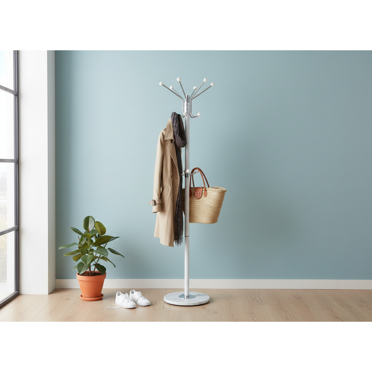 Bloom White Coat Rack with Marble Base, Free-Standing Hall Tree