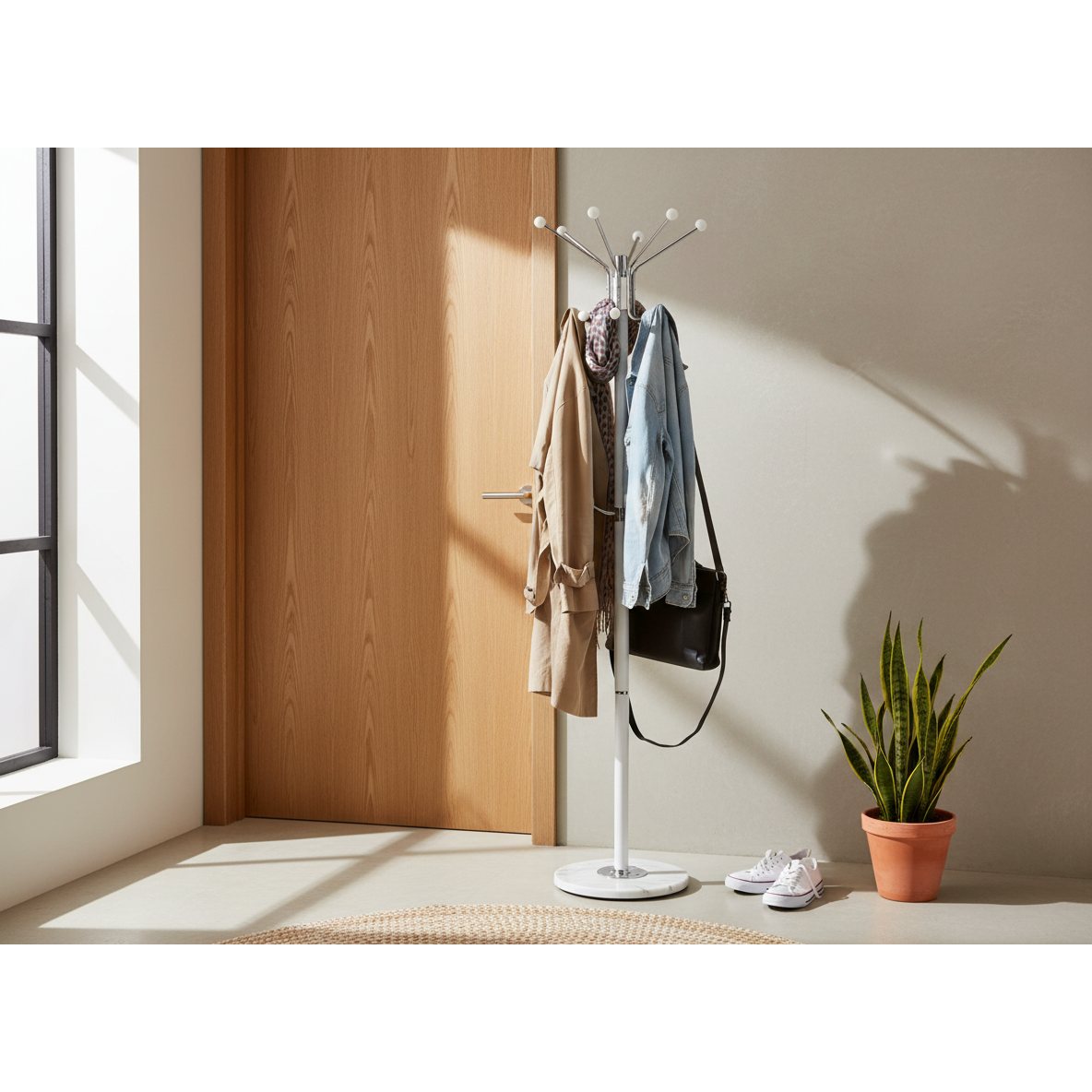 Bloom White Coat Rack with Marble Base, Free-Standing Hall Tree
