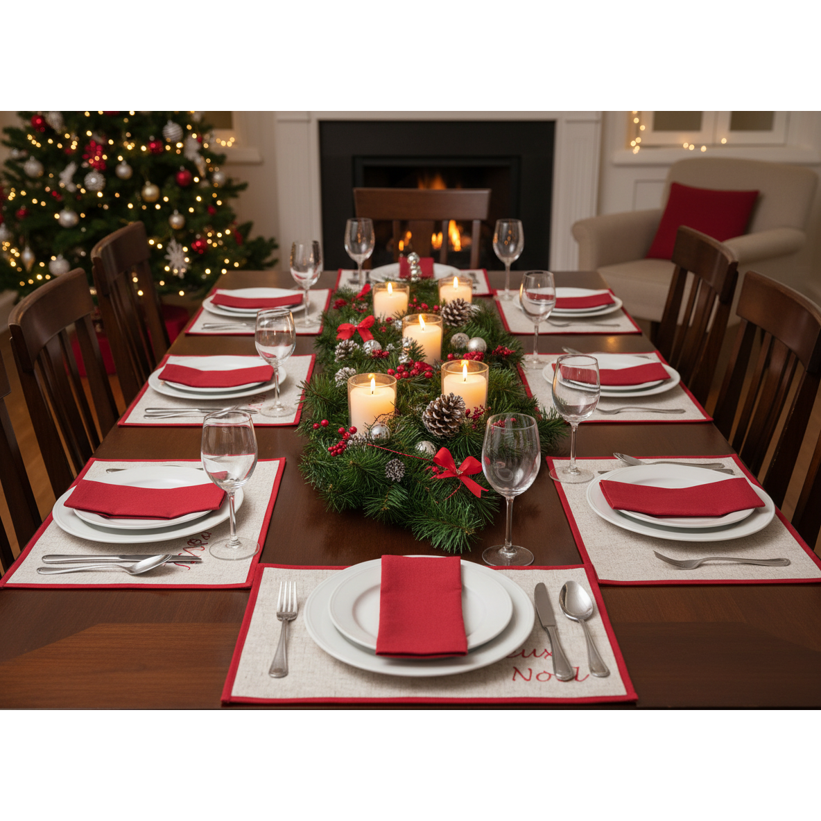 Joyeux Noel Embroidered Placemat 13x18 Inch – Holiday Table Decor, Durable Fabric – Set of 12