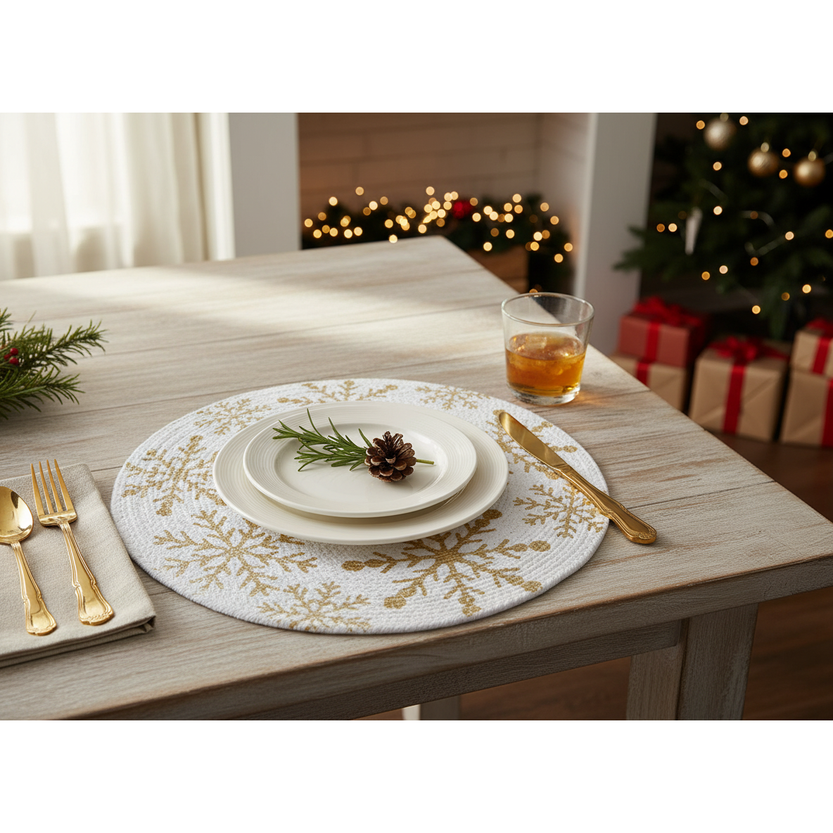 Foil Printed Snowflake Cotton Rope Placemat Gold - Set of 12 Holiday Table Mats