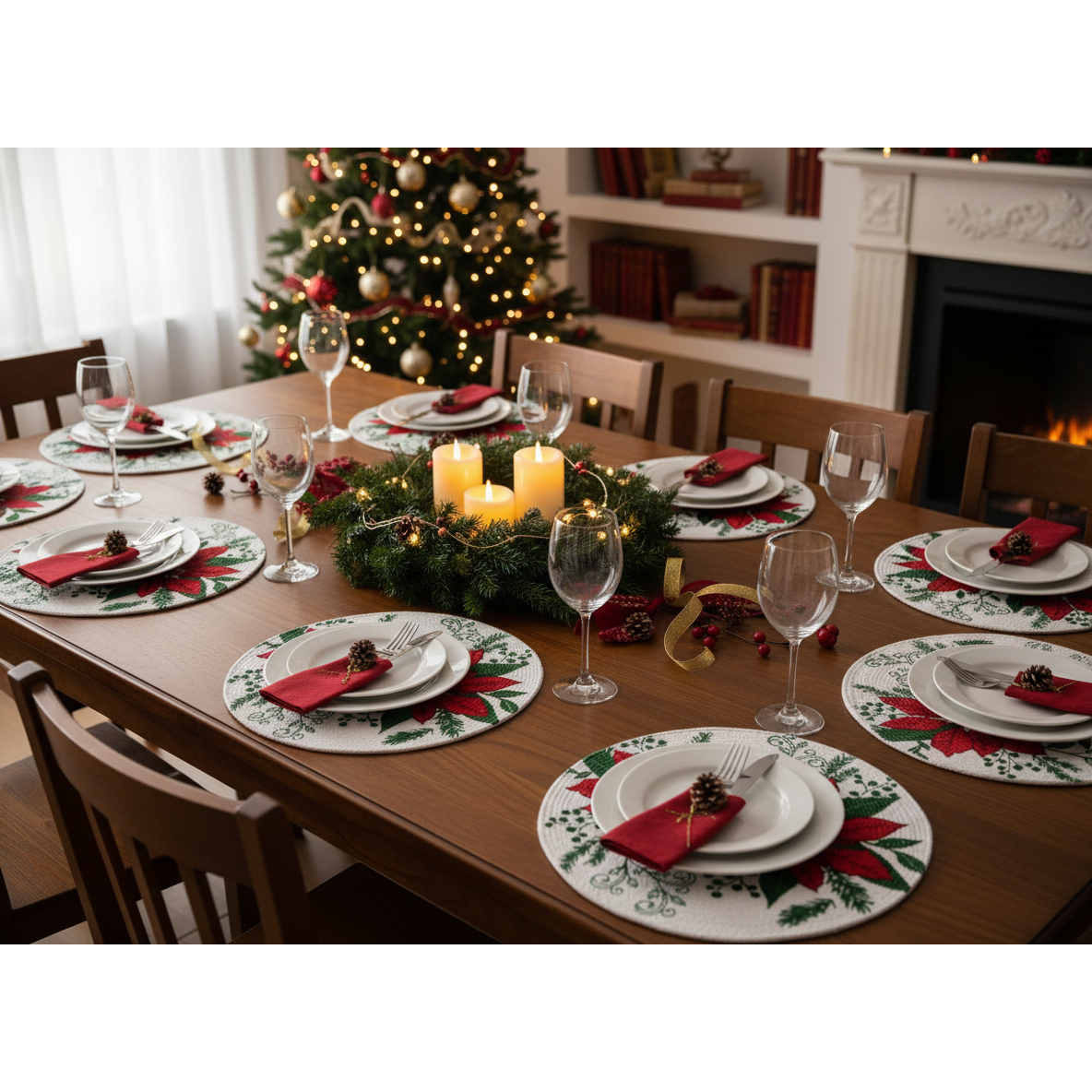 Printed Cotton Rope Placemat Double Poinsettia Christmas Holiday Table Mats - Set of 12