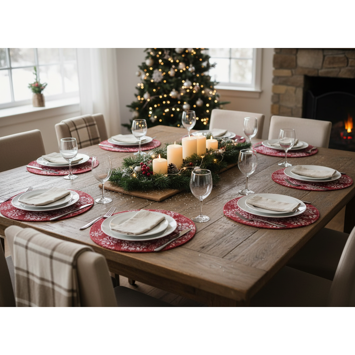Printed Cotton Rope Placemat Snowflake Holiday Dining Table Mats - Set of 12