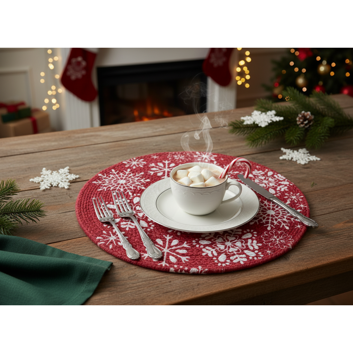 Printed Cotton Rope Placemat Snowflake Holiday Dining Table Mats - Set of 12
