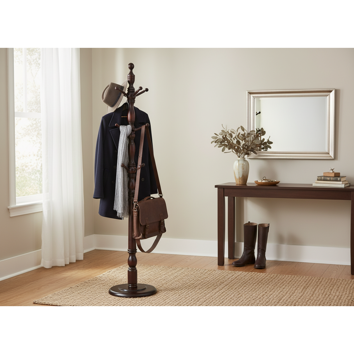 Wooden Coat Rack – Mahogany Finish, Free-Standing Hall Tree