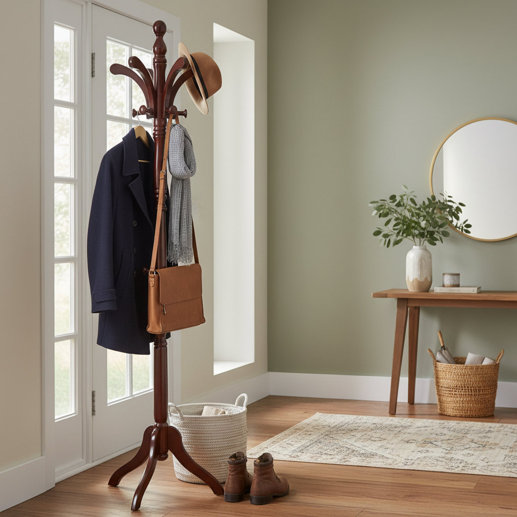 Kathy Wooden Coat Rack – Mahogany Finish, Free-Standing Hall Tree for Coats & Hats