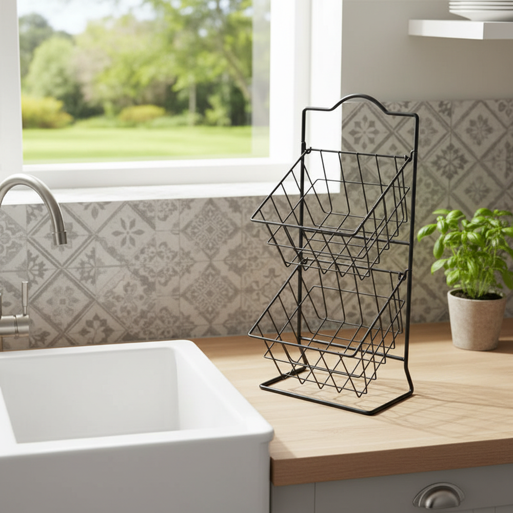 2-Tier Square Metal Grid Fruit Basket Stand – Black, Kitchen & Pantry Organizer