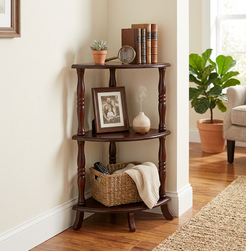 3-Tier Wooden Corner Shelf – Space-Saving Storage & Display
