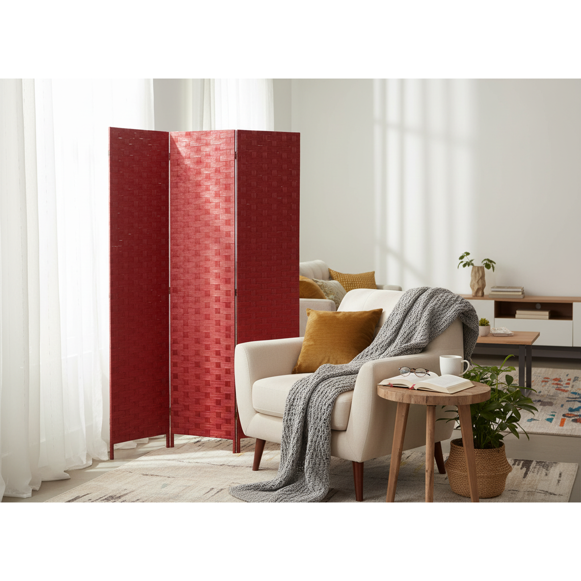 3-Panel Woven Bamboo Room Divider – Burgundy, Folding Privacy Screen