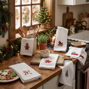 Embroidered Waffle Kitchen Towel – White, Assorted Designs, Set of 6