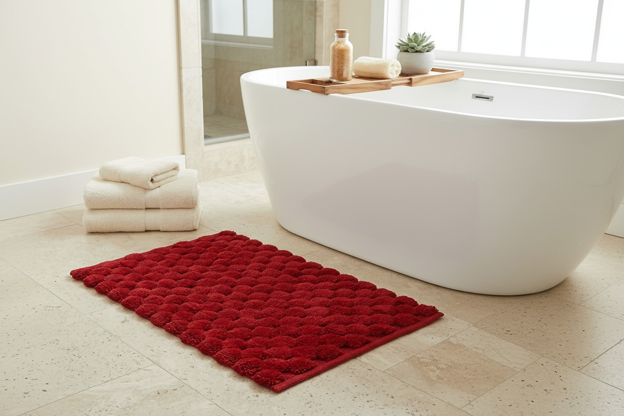 Handwoven Pompom Bath Mat – Red, 20x32 Inch, Soft & Decorative