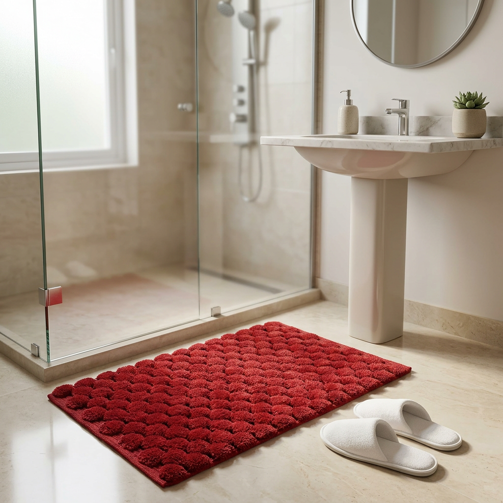 Handwoven Pompom Bath Mat – Red, 20x32 Inch, Soft & Decorative