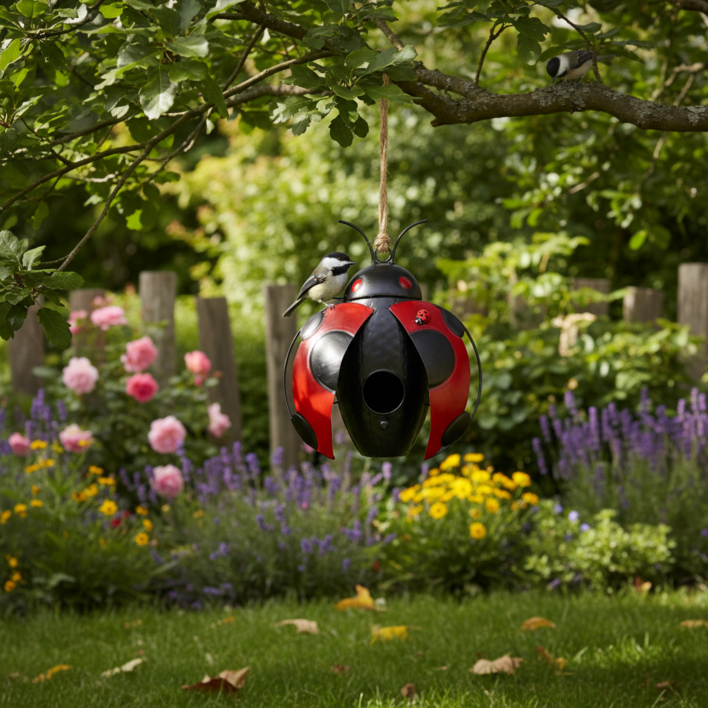Metal Ladybug Birdhouse Decorative Outdoor Garden Bird House