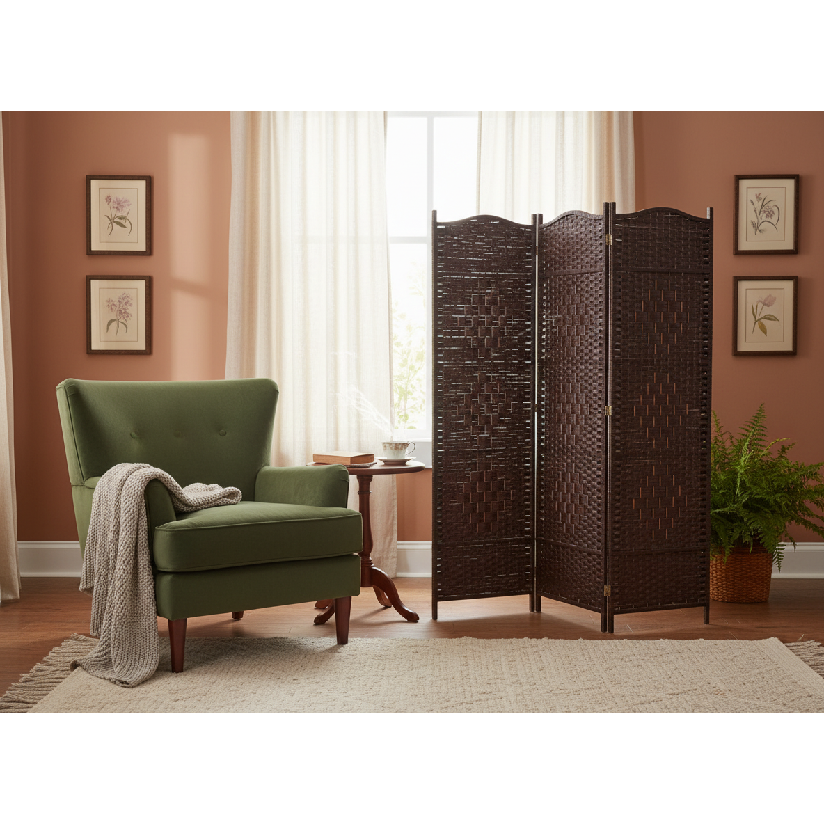 Wyatt Victorian Bamboo Room Divider, Folding Privacy Screen