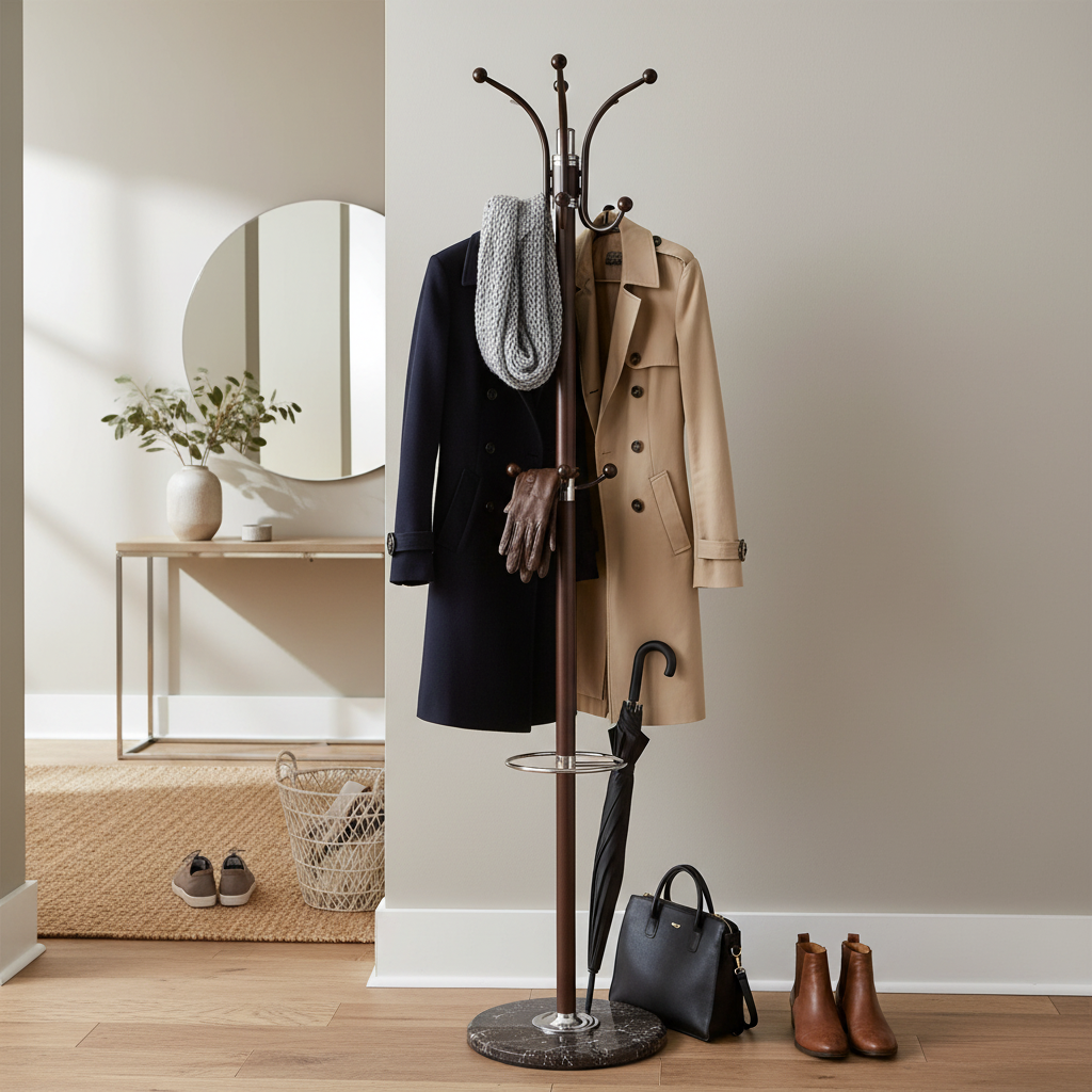 Head Brown Coat Rack with Marble Base, Free-Standing Hall Tree
