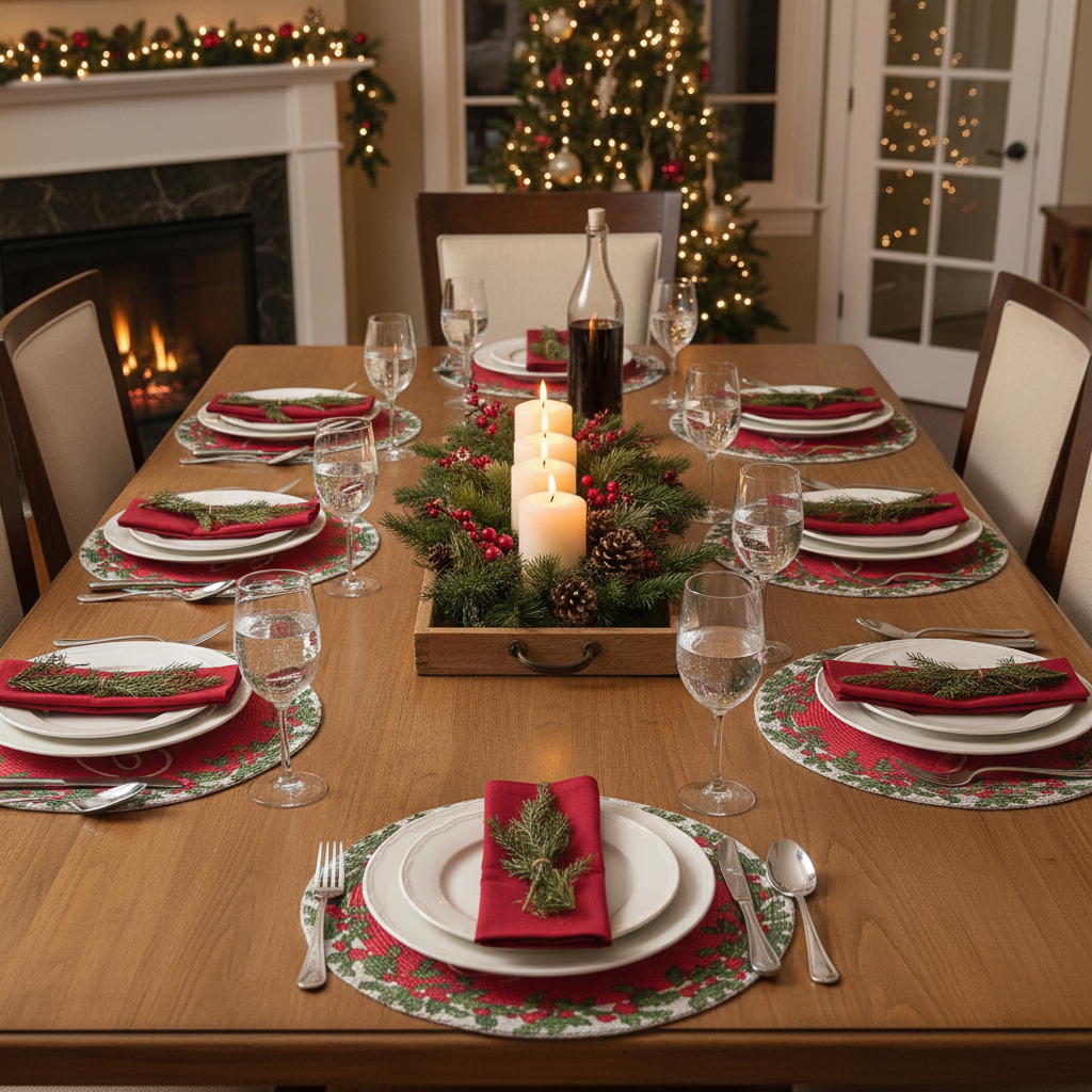 Christmas Printed Round Cotton Rope Placemat Joy Set Of 12, Holiday Table Decor, Festive Dining Accent