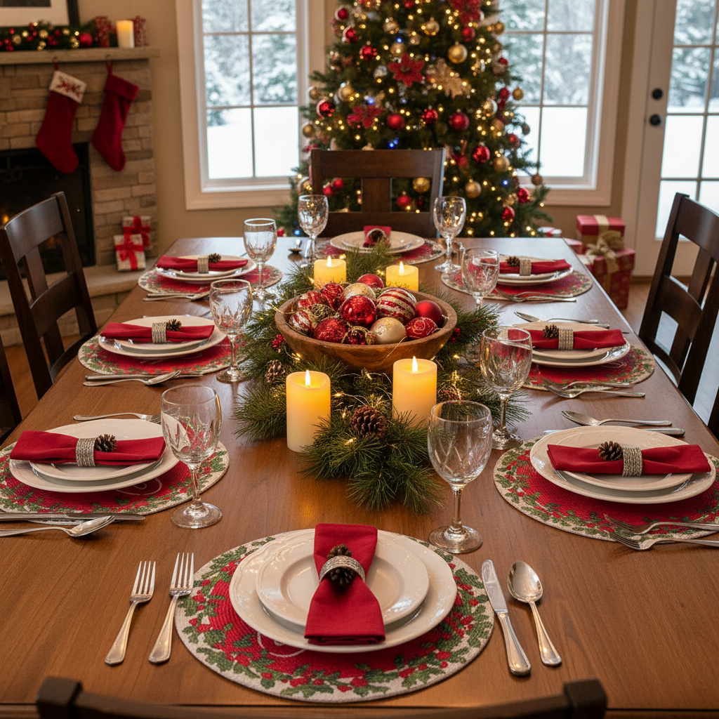 Christmas Printed Round Cotton Rope Placemat Joy Set Of 12, Holiday Table Decor, Festive Dining Accent