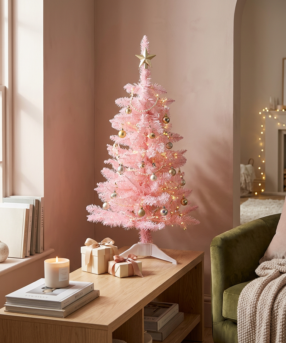 3 Foot Pink Spruce PVC Christmas Tree, 120 Tips, Plastic Stand, Holiday Tabletop Tree
