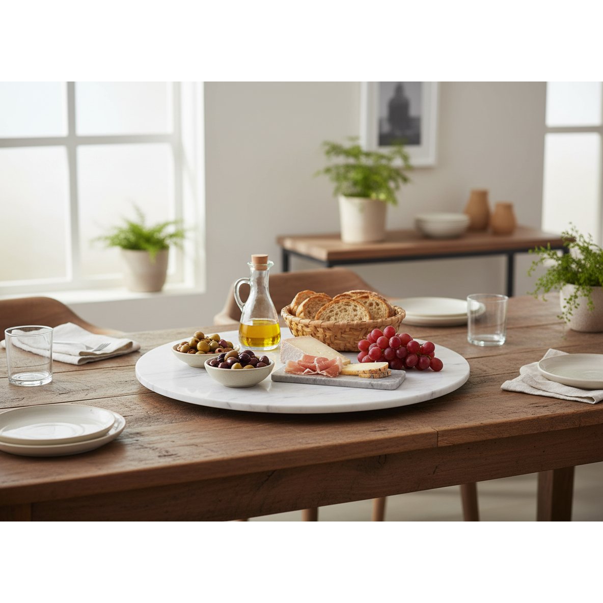 12" White Marble Lazy Susan – Rotating Kitchen or Dining Table Centerpiece