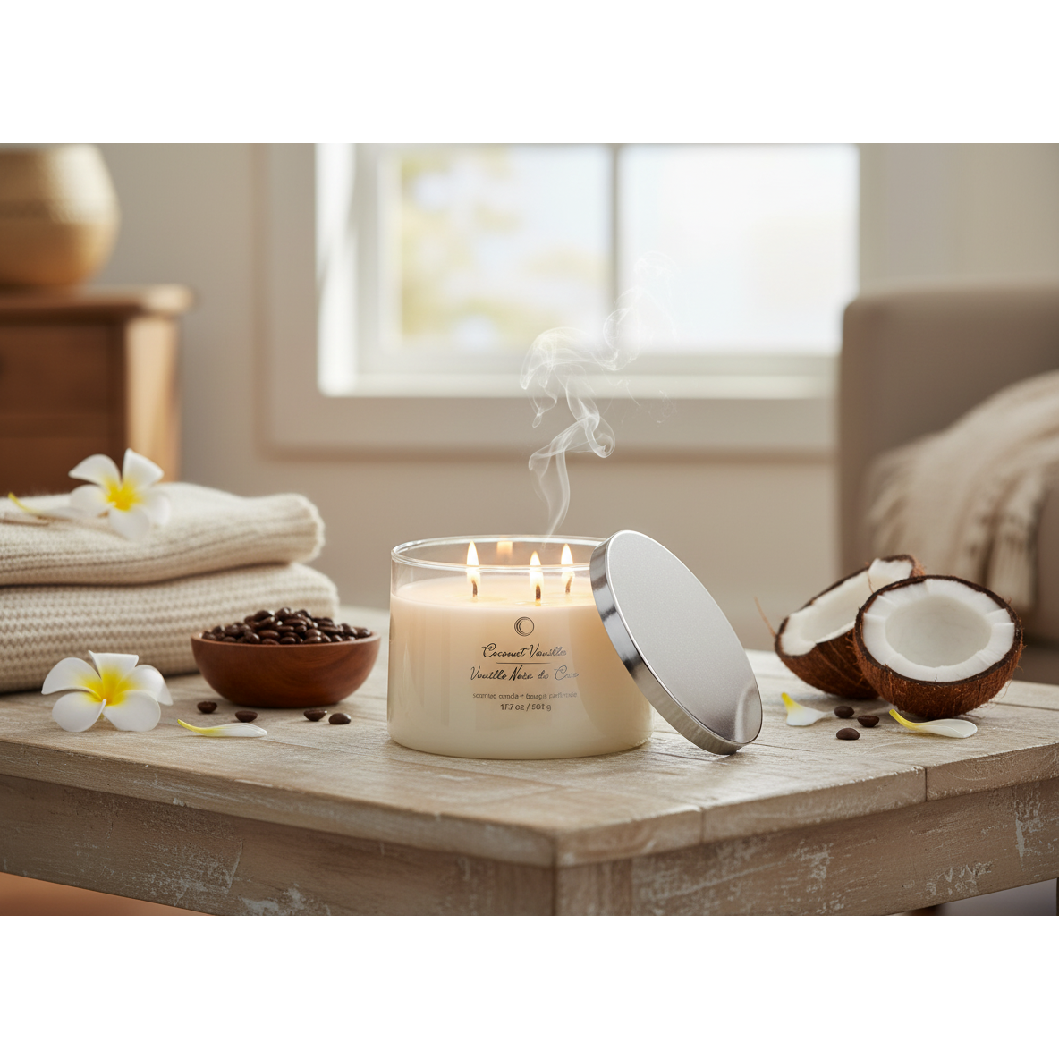 3 Wick High Gloss Taper Candle Coconut Vanilla 18 Oz, Decorative Candle, Home Accent