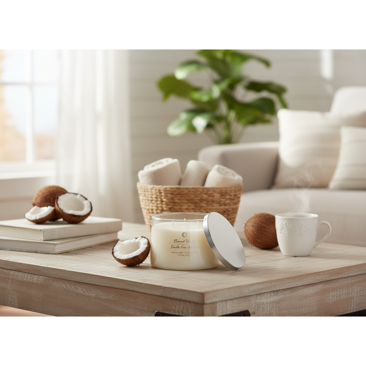 3 Wick High Gloss Taper Candle Coconut Vanilla 18 Oz, Decorative Candle, Home Accent