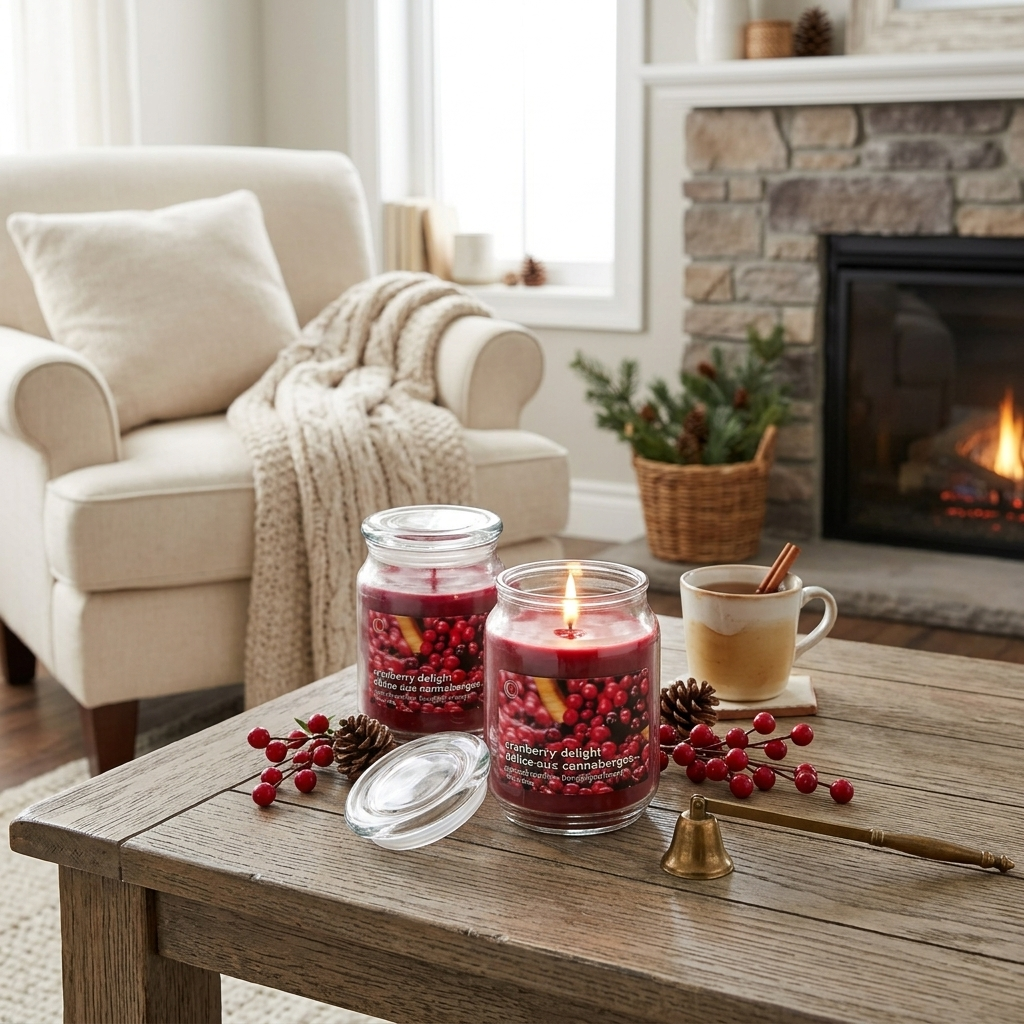 18oz Cranberry Delight Scented Glass Jar Candle with Lid – Set of 2, Home Fragrance
