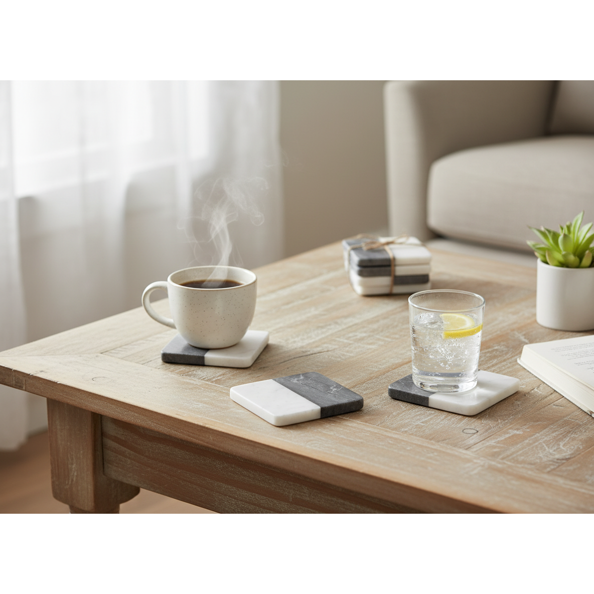 2-Tone 4-Piece Marble Square Coaster 4"x4" Black & White – Drink Protection, Table Decor