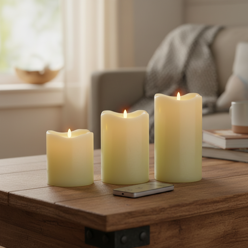3-Piece LED Wave Top Unscented Ivory Candle Gift Set with Remote